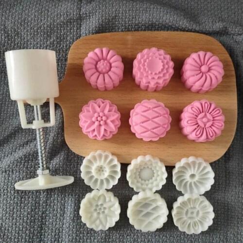 50g Mooncake Barrel Mold with 6pcs Chrysanthemum Stamps Hand Press Moon Cake Pastry Mould DIY Bakeware