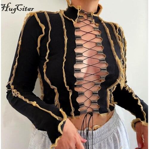Hugcitar 2020 Long Sleeve Patchwork Cut Out Bandage Sexy Crop Top Autumn Winter Women Fashion Streetwear Y2K Tshirts Club Tees