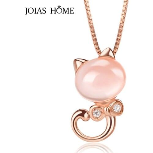 JoiasHome Trendy Silver 925 Jewelry Gemstones Necklace for Women Powder crystal Lovely Cat Pendant Female Neck Ornament Dating