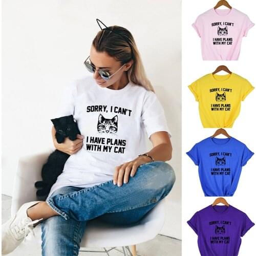 Sorry I Can't I Have Plans with My Cat Print Female T Shirt Cat Head Round Neck Harajuku Tops Graphic Tees Women Ropa De Mujer