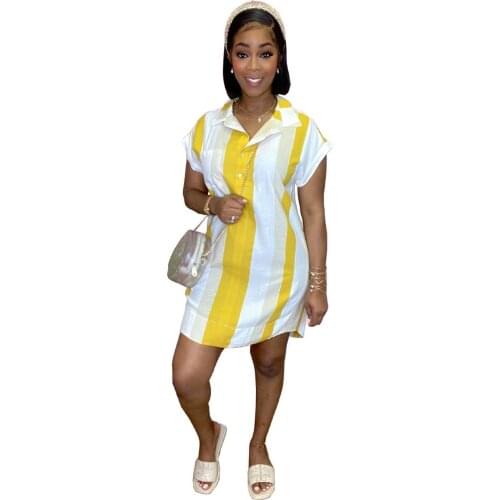 Summer New Womens Stripe Digital Printing Casual Blouses Shirt Dress