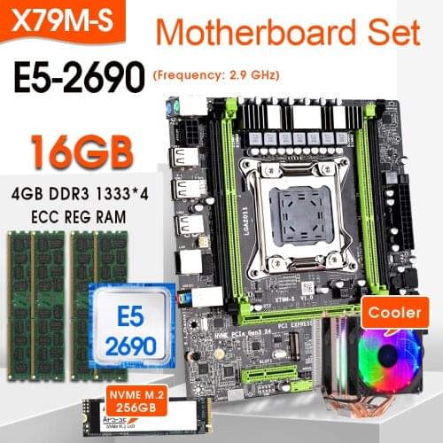 X79 motherboard LGA2011 E5 2690 CPU 4pcs x 4GB = 16GB DDR3 PC3 1333Mhz ECC REG Memory Set combos NVME 256GB M.2 SSD with Cooler