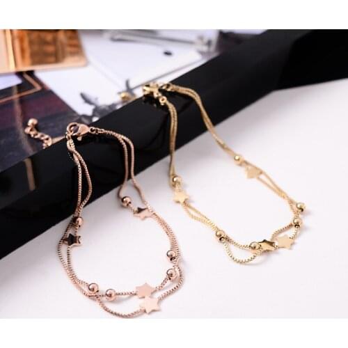 YUN RUO Fashion Double Layer Star Anklet Box Chain Woman Gift Rose Gold Color Titanium Steel Jewelry Never Fade Drop Shipping