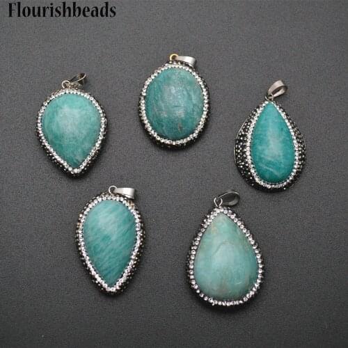 Natural Blue Amazonite Irregular Cabochons Stone Pendant Rhinestone Setting Fashion Jewelry DIY Necklace Making Supplies