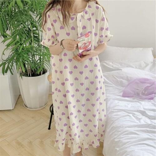 Nightdress Womens 2021 Summer New Short Sleeve Love Lace Sweet Pure Cotton Dress Female Sleepwear Lady Nightwear Sleeping Wear