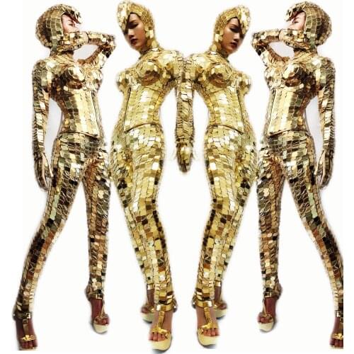 New Gold Stage Costume For GoGo Dancer Costume Mirror Costume Women Party Gold Mirror Dress Nightclub Jumpsuit Show Wear VDB1126