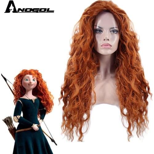 Anogol Free Part Brave Merida Wig Long Orange Deep Wave High Temperature Fiber Synthetic Hair Princess Cosplay Wig for Halloween