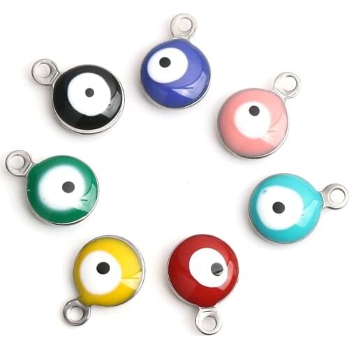 Evil Eye Series 304 Stainless Steel Religious Pendant Charms Round Gold Plated Green Blue Evil Eye Enamel 11mm x 8mm, 10 PCs