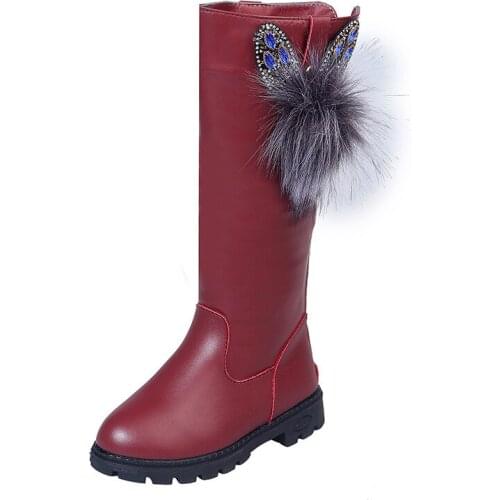 Family Matching Boots 2021 Winter Girls Boots Fashion Knee High Top Rhinestone Rabbit Ears With Fluffy Ball Kids Rubber Boots