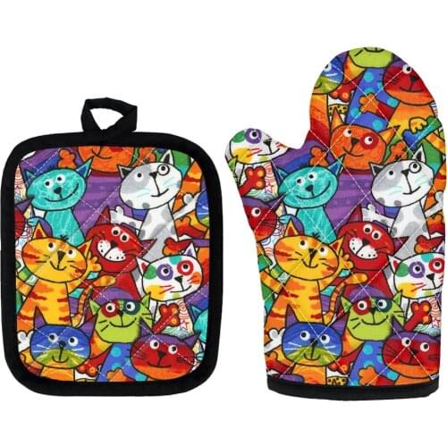 Cute Potholders Oven Mitts Microwave Baking Gloves Cat Pattern Insulation Gloves and Mat Polyester Kitchen Gloves for Cooking