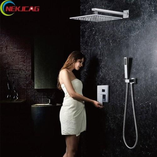 Chrome Finish Concealed Shower Faucets In-Wall Bathroom Square Shower Head Rainfall Mixer Tap Cold and Hot Water