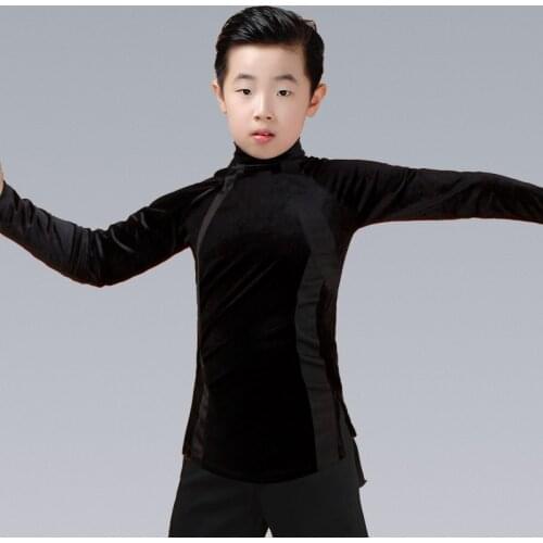 Latin Dance Top Black Velvet Long Sleeve Boys Latin Dancing Shirts Side Trousers Rumba Cha Cha Samba Costume Dancewear DN3227