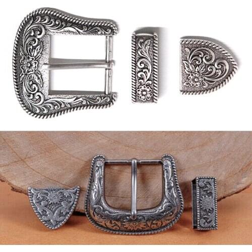 Western Retro Floral Engraved Antique Silver Belt Buckle Set Fits 25mm Strap Decor Cowboy Belt Buckles