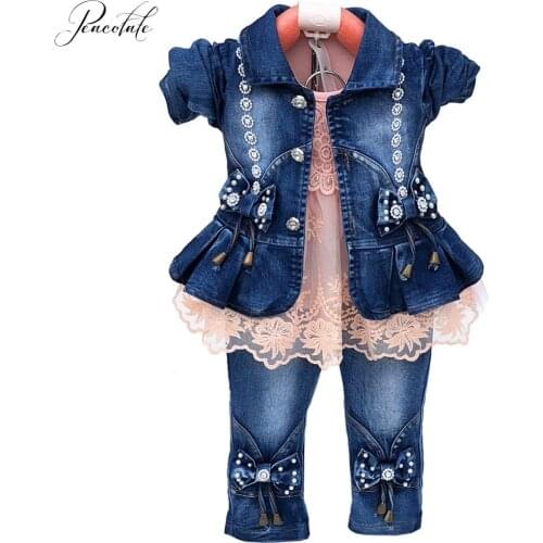 Spring Autumn Infant Baby Girl Denim Clothing Sets 3 pcs Long Sleeve T Shirt Dress Tops Denim Jacket and Jeans Trousers Pants
