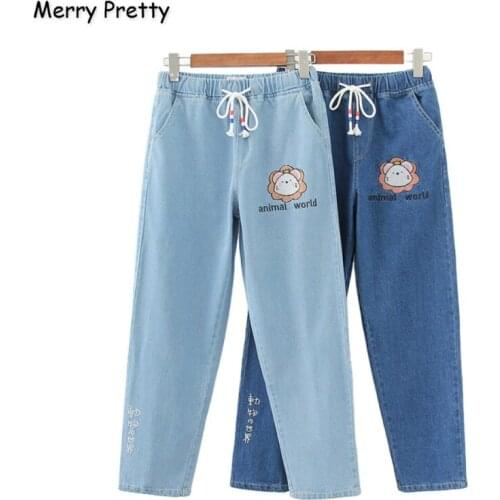 Womens Denim Pants Cartoon Embroidery Pockets Jeans For Girl 2020 Spring New High Waisted Casual Straight Pant MERRY PRETTY