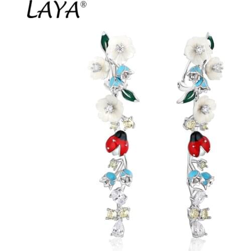 Laya 925 Sterling Silver Fashion Natural Shell Flower Green Leaf Enamel Animal High Quality Zircon Earrings For Women Jewelry