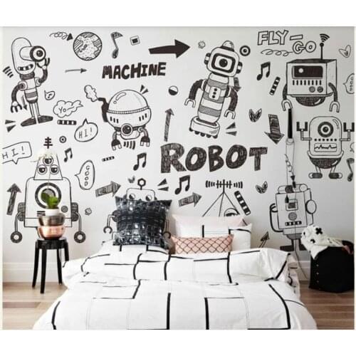 3d wall mural on the wall Custom wallpaper Black and white hand-painted graffiti robot home decor photo wallpaper for walls 3 d