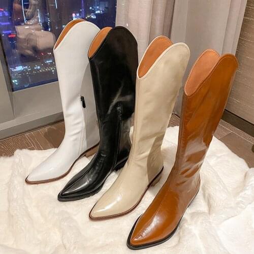 Brand Western Cowboy Boots Womens Retro Long Tube Knee Length Boots Pointed White Boots Leather V-mouth High Tube Knight Boots