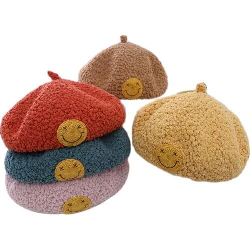 Doitbest 2021 Cartoon smiley Baby berets Winter Fur kids Fashion girl painter hat Autumn Boys Girls beret Hat