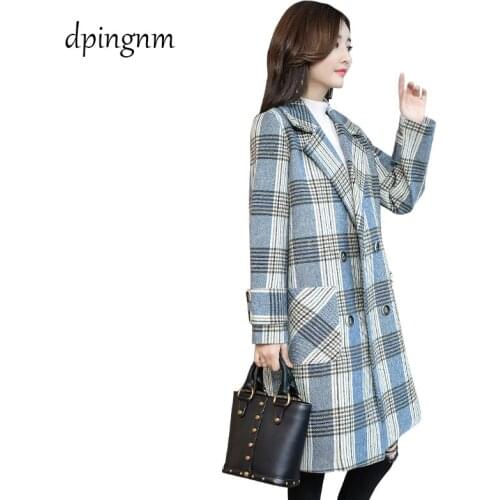 Dpingnm Vintage Elegant Women Winter Plaid Wool Coats Straight Fashionable Turn-Down Collar Female Outerwear