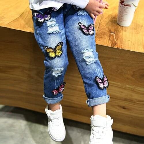 Jeans for Girls Butterfly Applique Ripped Jeans for Kids Denim Pants Children Trousers Toddler Long Jeans Baby Girl Clothing 4T