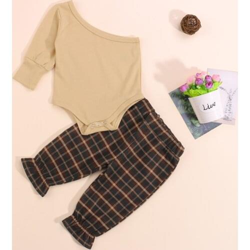 Toddler Baby Girls Suit Fashion 2pcs Suit Solid One Shoulder Long Sleeve Romper+ Plaid Long Pants 6 Months-3 Years Infant Outfit