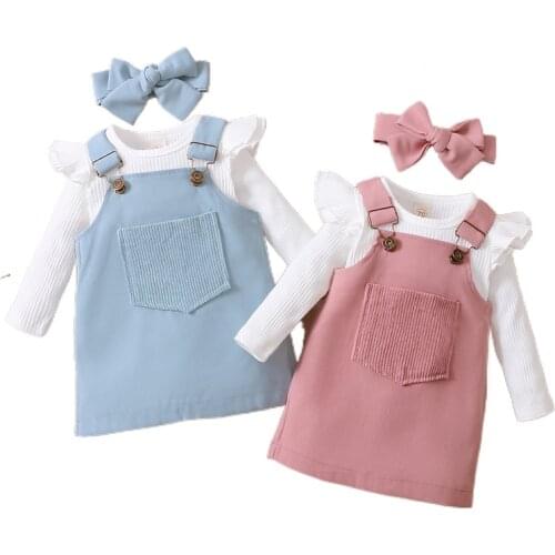 3Pcs Baby Girls Outfit, Sweet Style Solid Color Long Sleeve O-Neck Romper + Front Pocket Suspender Skirt + Headwear Set, 0-18M