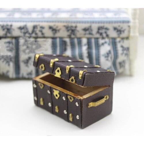 Vintage Wood Case with Leather and Golden Holder Dollhouse Furniture Accessories 1:12 Miniature Treasure Chest