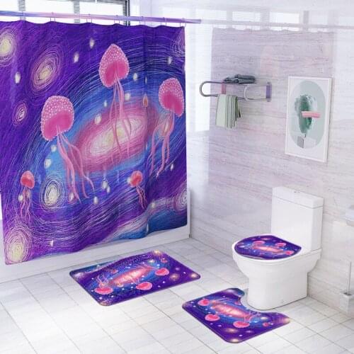 Marine Jellyfish Bathroom Curtains Sets Purple Fabric Shower Curtain Set Bath Mats Rugs Non-slip Pedestal Rug Lid Toilet Cover