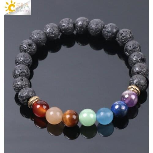 CSJA Natural Black Lava Beads Men Bracelets Muti-color 7 Chakra Mala Stone Prayer Meditation Diffuser Energy Reiki Jewelry E955