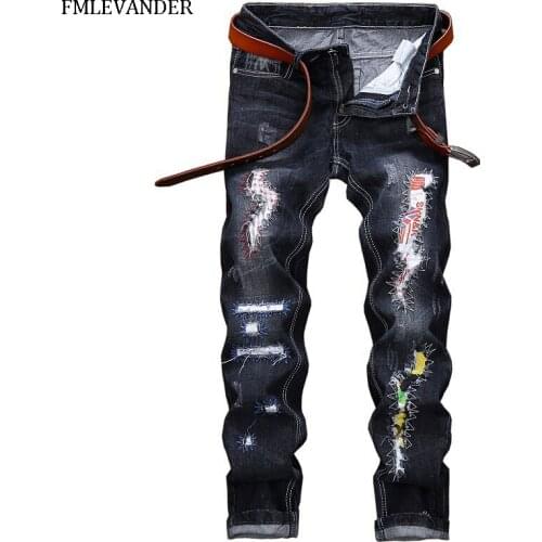 High Quality Plus Size 42 Patchwork Denim Jeans Straight Pants Stretch Denim Men Jeans