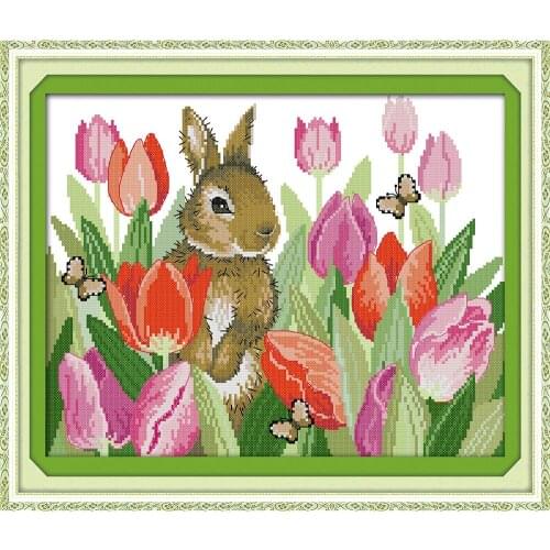 The rabbit in tulips cross stitch kit animal flower pattern counted print canvas embroidery DIY handmade needlework supplies bag