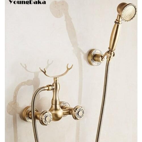 Wall Mounted Brass Material Antique Finish Luxury Bathroom Rainfall Saving Shower Set,Vintage Carving Bathtub Mixer Facuets