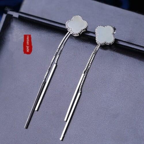 Natural Hetian jade four-leaf clover earrings 925 silver long tassel earrings Simple temperament earrings a dual purpose RS027