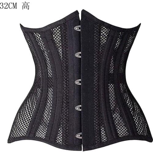 Mesh Net Corset Women Underbust Gorset Gothic Bustier Steel Boned Korsett Solid Black White Corselet Front Buckle Korse Shaping