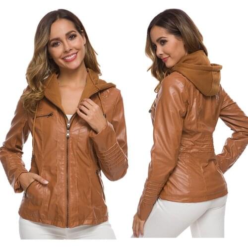 Spring Autumn With Hooded collar Pu Faux Leather Jacket Women Zipper Short Biker Jackets Coat Female Outwear Tops Hat Detachable