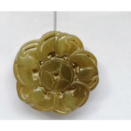 YIZHU CULTUER ART Collection Old Chinese Jade Hand Carving Auspicious Five Bat Coin Amulet Pendant