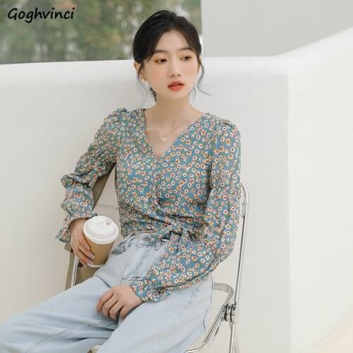 Shirts Women Floral Printed V-Neck Bandage Lady Ruffles Crop Top Slim Elegant Fashion Womens Korean Style Blouses Sexy Ulzzang