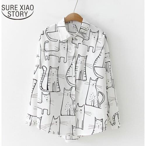 Autumn 2021 Vintage Fashion Women Long Sleeve Shirts Cute Cat Print Shirt Female Loose Casual Blosues Girl Ladies Tops 6828 50