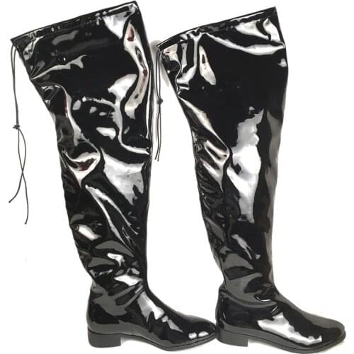 Womens Round Toe Flat Heels Over the Knee Boots Black Patent Leather Top Lace Winter Thigh High Long Boots Footwear Comfort