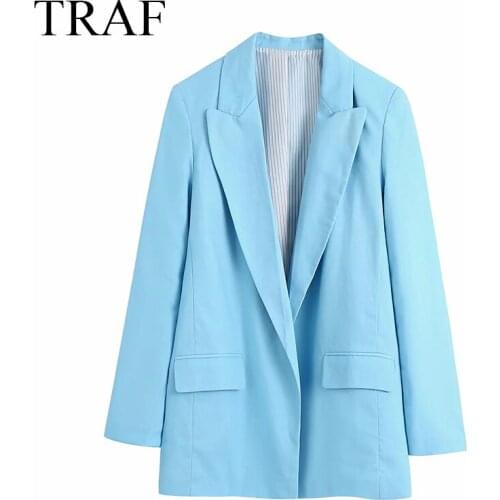 TRAF Womens Clothing Blue Blazer Fashion Chic Solid Color Womens Jacket Female Oversize Long Sleeve Pocket Coat Office Lady