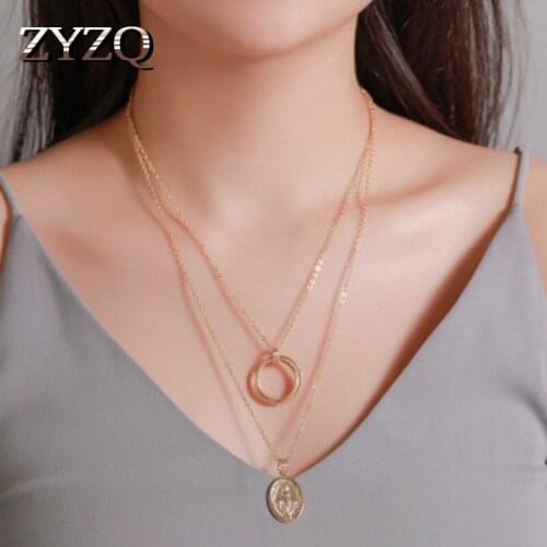 ZYZQ Geometric Circle Pendant Necklace Religion Jesus Character Pattern Engraved Double Layered Women Necklace Bohemia Style
