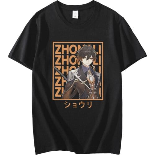 Zhongli Genshin Impact Action Role-playing Game Clothes Print T Shirt Crewneck Cotton TShirt Big Size for Men Streetwear