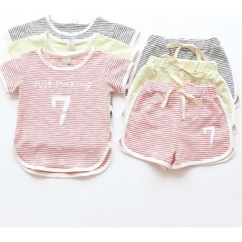 2016 Summer Wear New Pattern Korean Girl Stripe Digital 7 Fashion Short Sleeve T-Shirt Shorts You Leisure Time Two Pieces Suit