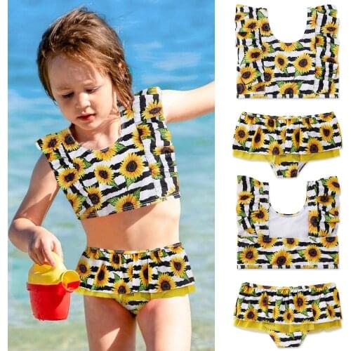 2021 Kids Swimwear For Girls Swimsuits Ruffle Sunflower Print Two-pieces Bathing Quick Dry Girls Swimwear Купальник Детский