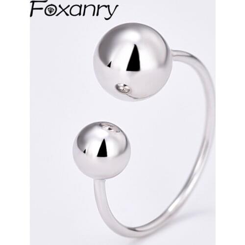 Foxanry 925 Sterling Silver Minimalist Two Beads Ball New Trendy Simple Geometric Open Rings for Women Fashion Vintage Jewelry