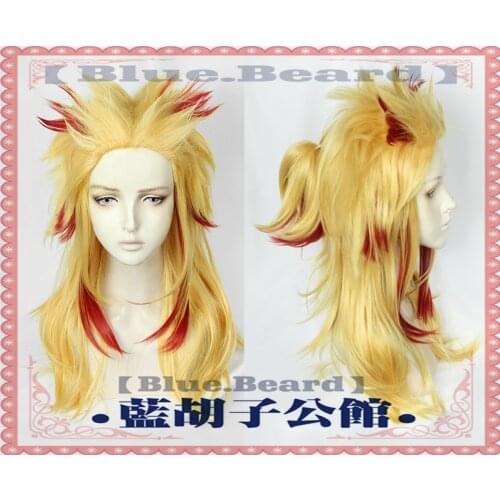 Anime Demon Slayer: Kimetsu No Yaiba Rengoku Kyoujurou Cosplay Wigs Mixed Color Heat Resistent Synthetic Hair Wig + Wig Cap