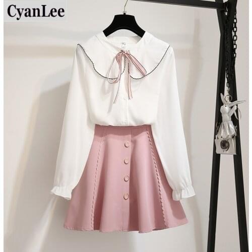 Cyanlee Autumn Casual two piece Women Sets Lace Ruffles Peter pan Collar Tie Bow Shirt + Mini Skirt A-line Sweet 2 Piece Set