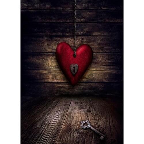 Photography Backdrops Red Heart Lock Key Dark Wooden Plank Vinyl Backgrounds for Lovers Valentines Day Photocall Photo Studio