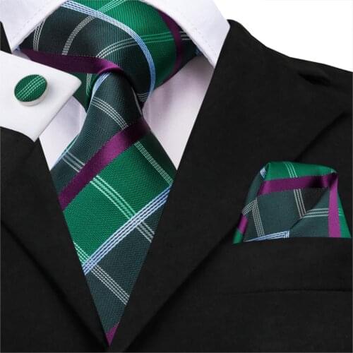 Hi-Tie New Fashion Plaid Ties for Men Green Silk Mens Tie Handky Cufflinks Tie Set For Business Wedding Part